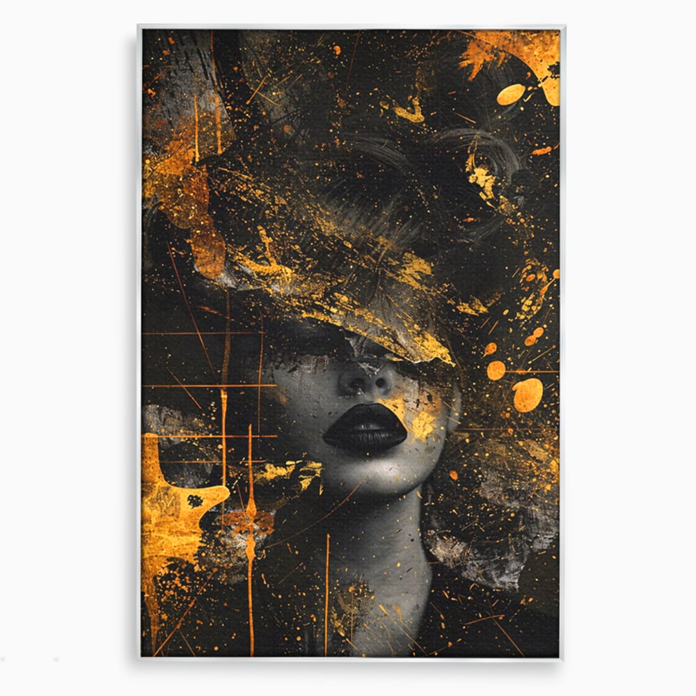 Tablou canvas cu tablou canvas cu portret feminin si pete aurii, in rama de aluminiu argintiu